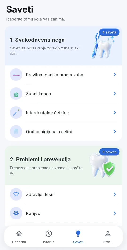 Ekran sa savetima o nezi zuba u svetloj temi